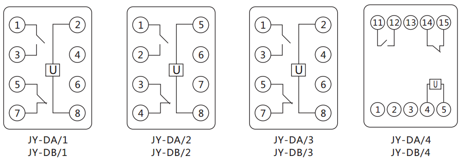 JY-DB/4集成電路直流電壓繼電器內部接線圖及外引接線圖（正視圖）